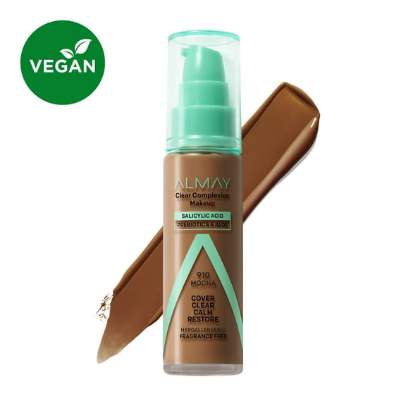 Almay Clear Complexion Foundation Makeup, Hypoallergenic, 910 Mocha, 1 fl oz