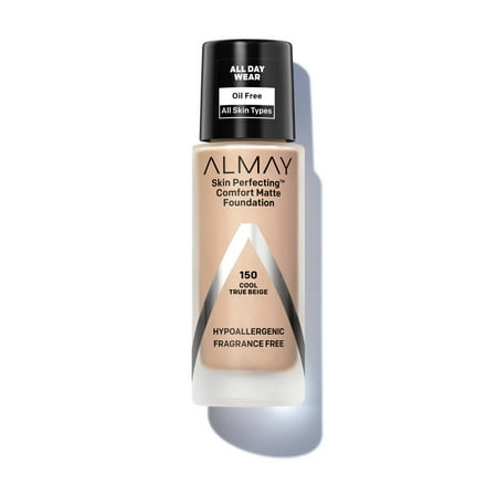 Almay Skin Perfecting Comfort Matte Foundation, Hypoallergenic, Cruelty Free, Fragrance Free, Dermatologist Tested Liquid Makeup, 150 Cool True Beige, 1 fl oz