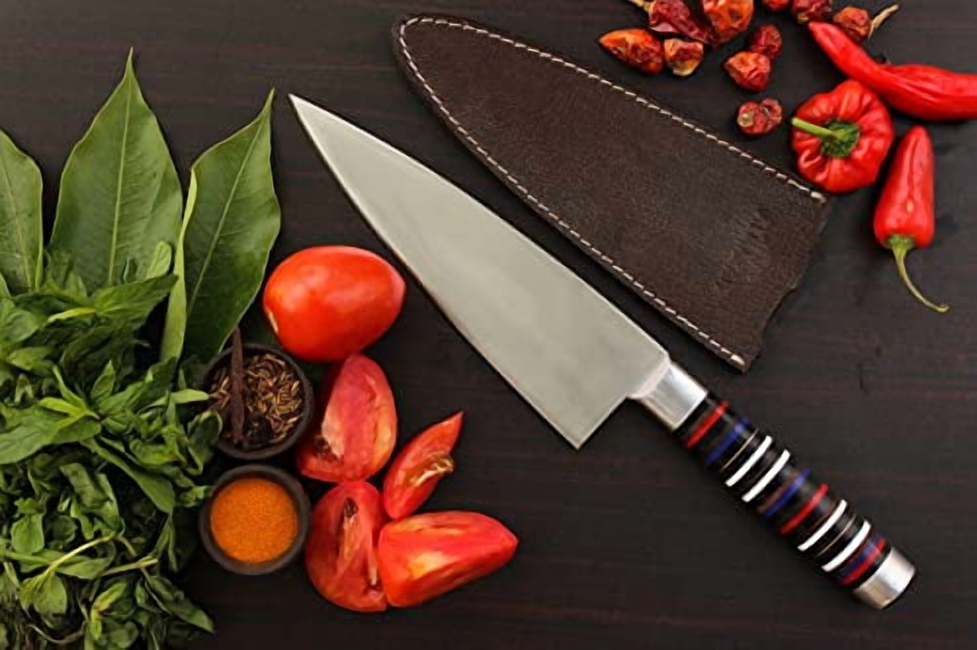 Almazan® Custom Hand Forged Stainless Steel Chef Knife, Beautiful Natural Cirque Handle With Leather Sheath