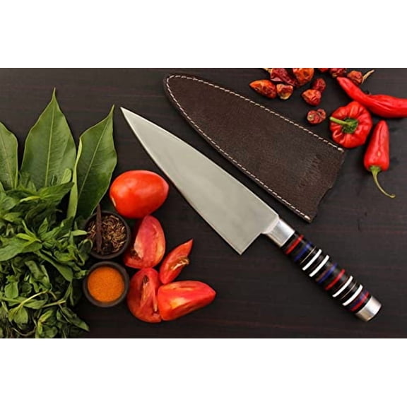 AlmazanĀ® Custom Hand Forged Stainless Steel Chef Knife, Beautiful Natural Cirque Handle With Leather Sheath