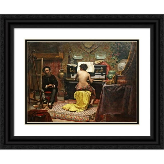 Almeida Júnior 18x14 Black Ornate Wood Framed Double Matted Museum Art Print Titled - The Model at Rest (1882)