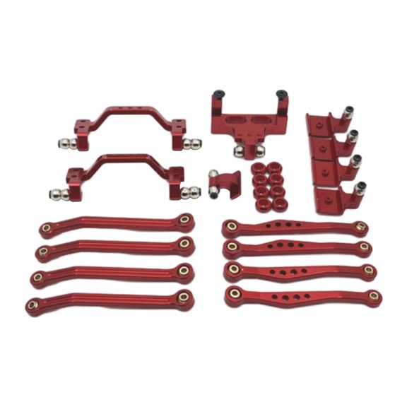 Almencla 1/16 RC Upgrades Kit Front and Rear Shock Tower Metal Chassis Link Rods Steering Servo Mount for C64 Model Truck DIY Modified red