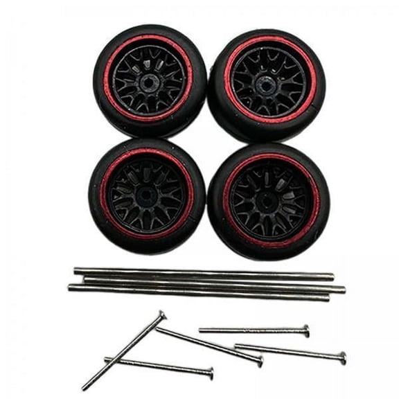 Almencla 6x4 Pieces RC Car Wheels and Tires RC Alloy Car Accessories for 1/64 Scale DIY Red C