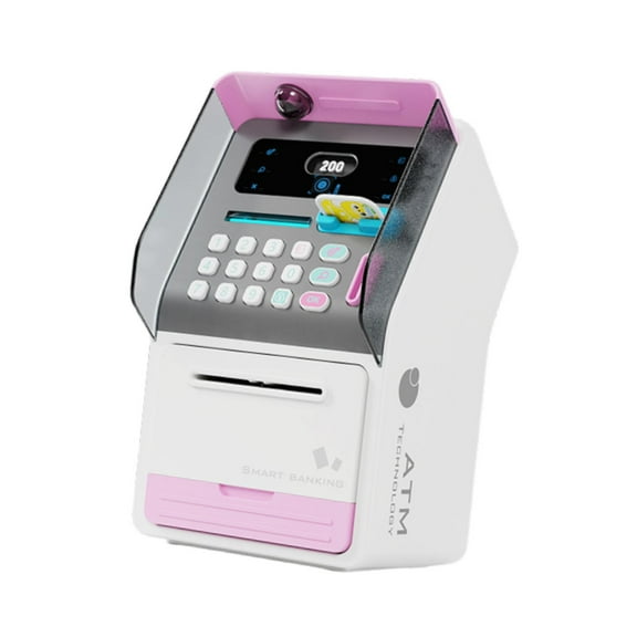 Almencla ATM Piggy Bank Money Saving Box Birthday Gifts Early Learning Educational Music Light Piggy Bank Auto Scroll ATM Machine Kids Pink