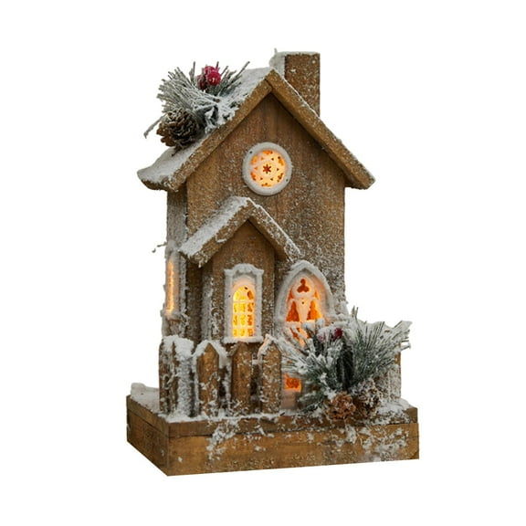 Almencla Christmas Snow House Wood House Figurine Birthday Gift Light up Building Mini Village Scene Glowing Log Cabin for Indoor Home