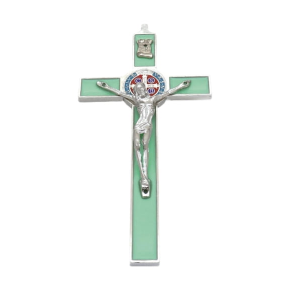 Almencla Crucifix Figurine Ornament Decorative Sturdy Easy to Use Sculpture Statue Wall Cross Metal Wall Art for Door Home Living Room Steel Color Green