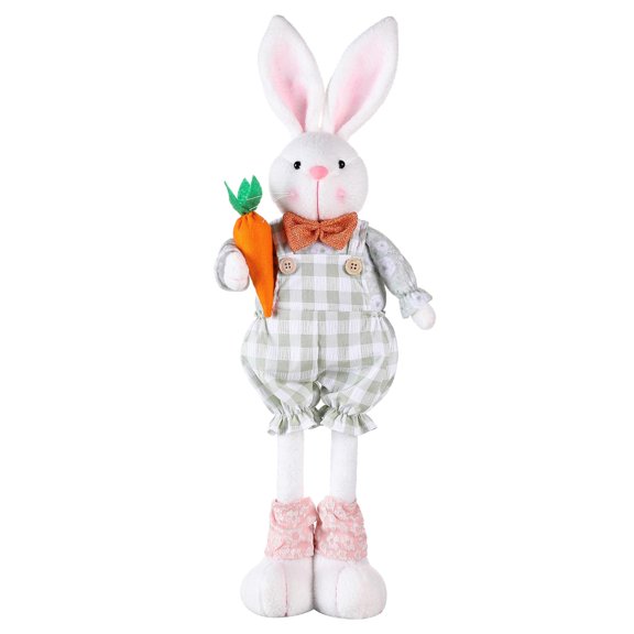 Almencla Easter Bunny Figurine Plush Stuffed Animal Legs Can Retractable Easter Festivals Gift Standing Rabbit Statue for Table Indoor green