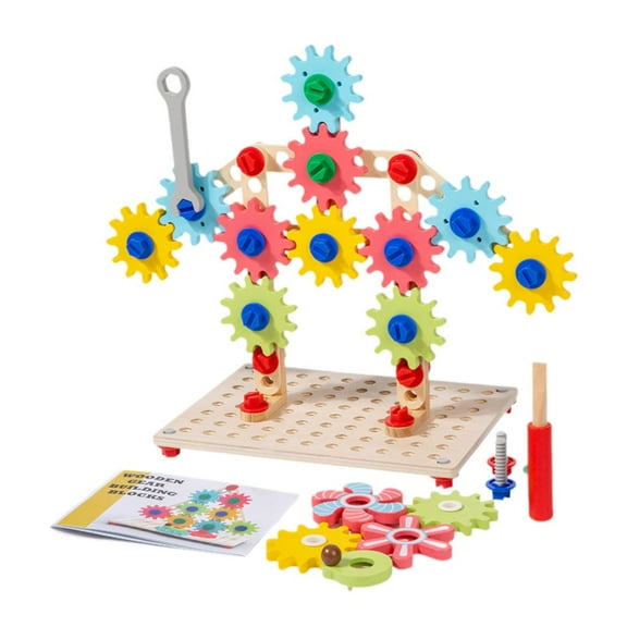 Almencla Wooden Gears Toys Learning Toy Set Colourful Creative Versatile Building Blocks Puzzle Games for Boys and Girls Children Kids