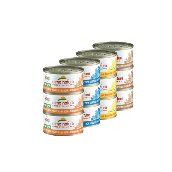 (12 Pack) Almo Nature HQS Natural Variety Pack Grain Free Recipes in Broth, Chicken with Pumpkin, Chicken Breast, Tuna in broth Atlantic Style, Chicken & Cheese Wet Cat Food, 2.47 oz Cans