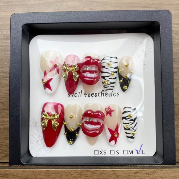 Almond 3D Star Zebra Fake Nails 10pcs for Wedding Party Decor