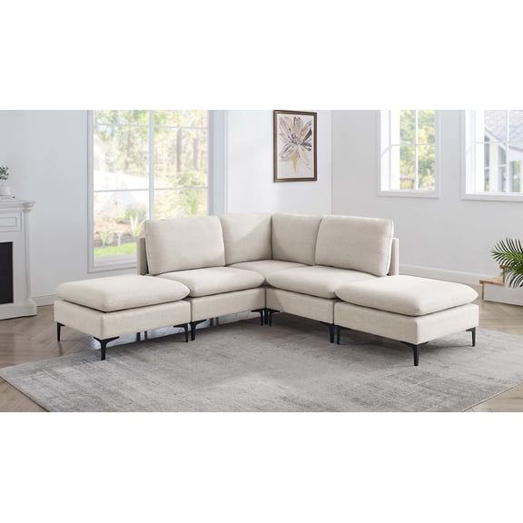 Almond 5-Seat Linen Modular Sectional Sofa with Metal Legs - Sectional Sofas