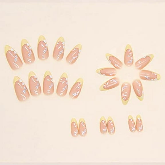 Almond Acrylic Nails Glossy Yellow Nails French Tip Press on Nails Medium Length Fake Nails