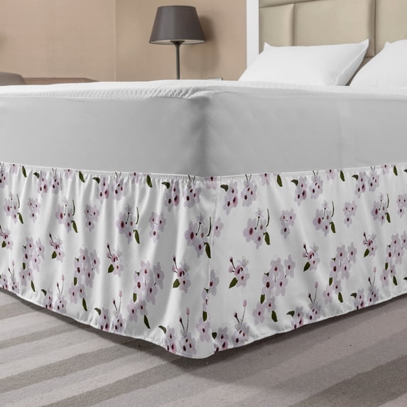 Almond Blossom Bed Skirt, Flower Pattern with Leaves Petals Japanese Garden Design, Elastic Bedskirt Dust Ruffle Wrap Around for Bedding Decor, 4 Sizes, Olive Green, by Ambesonne