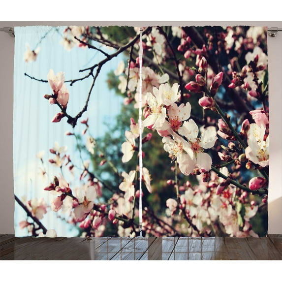 Almond Blossom Curtains 2 Panels Set, Japanese Spring Flower Branches on Blurred Background Vintage Style Bloom, Window Drapes for Living Room Bedroom, 108"W X 90"L,Multicolor, by Ambesonne