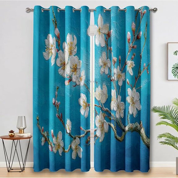 Almond Blossom Curtains, Art Flower Blackout Curtains for Bedroom Living Room Decor, Oil Painting Floral Grommet Thermal Blackout Window Drape 42"W x 84"L (Pack of 2)