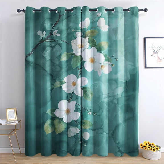 Almond Blossom Curtains Blackout,2 Panel Set, Thermal Insulated Room Darkening Grommet Drapes for Living Room Bedroom, Spring Floral Green and White Window Treatments-42"W x 45"L (Pack of 2)