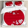 thumbnail image 1 of Almond Blossom Duvet Cover Set King Size, Japanese Cherry on Flag Background Love Illustration, 3 Piece Bedding Set with 2 Pillow Shams, Dark Coral Baby Pink and Pale Grey, by Ambesonne, 1 of 3