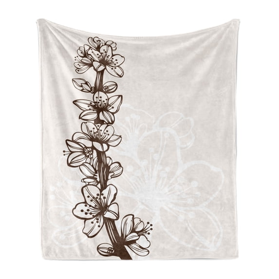 Almond Blossom Soft Flannel Fleece Blanket, Flower Design Hand Drawn Branch and Petals with Beige Toned Background, Cozy Plush for Indoor and Outdoor Use, 50" x 60", Dark Brown Beige, by Ambesonne