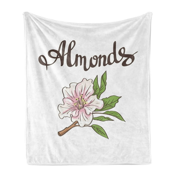Almond Blossom Soft Flannel Fleece Blanket, Hand Drawn Almond Blossom on a Branch with Leaves Garden Growth, Cozy Plush for Indoor and Outdoor Use, 50" x 70", Pale Pink Green Brown, by Ambesonne