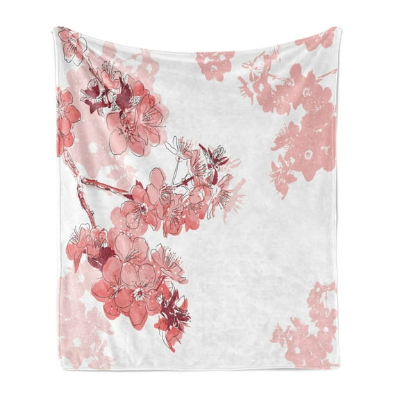 Almond Blossom Soft Flannel Fleece Blanket, Sakura Flower in Bloom with Watercolors Spring Nature Elements Chinese, Cozy Plush for Indoor and Outdoor Use, 50" x 60", Coral Dark Coral, by Ambesonne