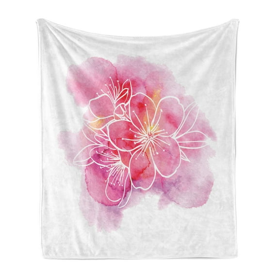 Almond Blossom Soft Flannel Fleece Throw Blanket, Cherry Flowers Outline Watercolor Paint Stain Background, Cozy Plush for Indoor and Outdoor Use, 50" x 60", Pale Pink Vermilion, by Ambesonne