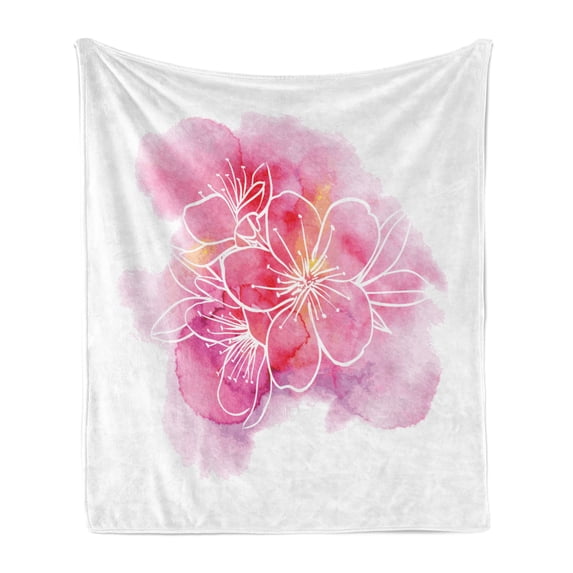 Almond Blossom Soft Flannel Fleece Throw Blanket, Cherry Flowers Outline Watercolor Paint Stain Background, Cozy Plush for Indoor and Outdoor Use, 50" x 70", Pale Pink Vermilion, by Ambesonne