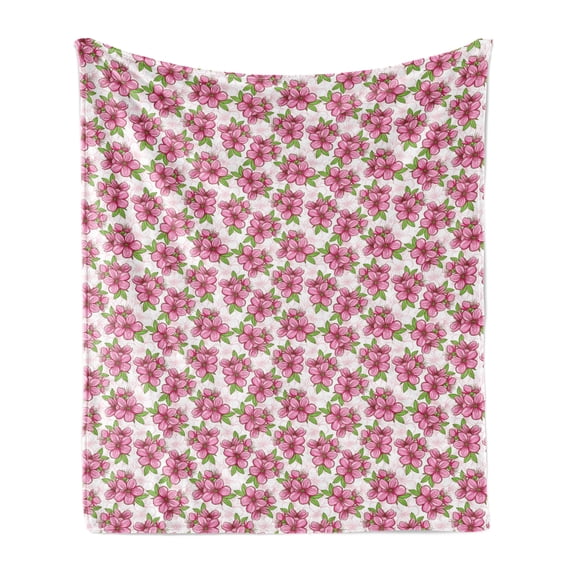 Almond Blossom Soft Flannel Fleece Throw Blanket, Cherry Blossom Pattern with Foliage Leaves Oriental Flowers, Cozy Plush for Indoor and Outdoor Use, 70" x 90", Pink Green and White, by Ambesonne