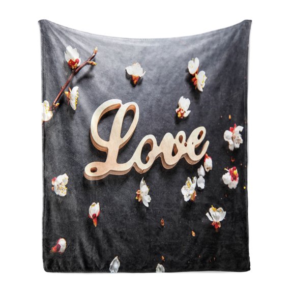 Almond Blossom Soft Flannel Fleece Throw Blanket, Exotic Wooden Sign Word Love on Greyscale Background, Cozy Plush for Indoor and Outdoor Use, 50" x 60", Charcoal Grey Pale Brown, by Ambesonne