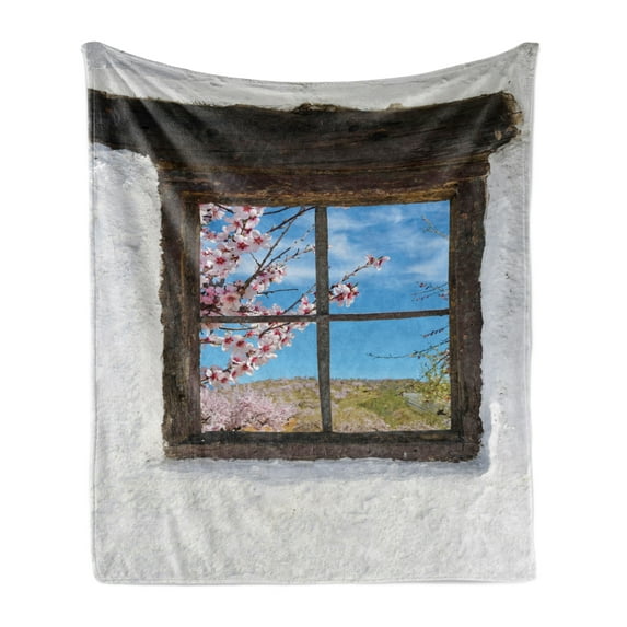 Almond Blossom Soft Flannel Fleece Throw Blanket, Almond Groove Behind Old Rustic Wooden Window Pastoral Style Photography, Cozy Plush for Indoor and Outdoor Use, 50" x 60", Multicolor, by Ambesonne