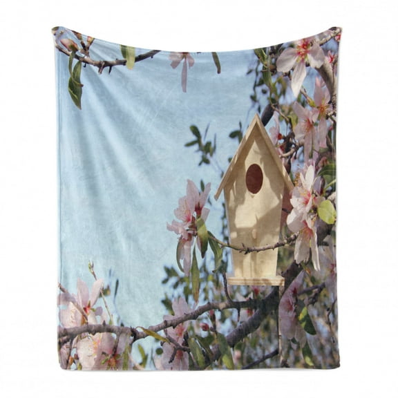 Almond Blossom Soft Flannel Fleece Throw Blanket, Little Birdhouse on Cherry Blossom Tree Branch Springtime Sakura Blooming, Cozy Plush for Indoor and Outdoor Use, 50" x 70", Multicolor, by Ambesonne