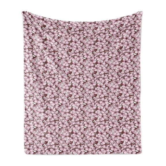 Almond Blossom Soft Flannel Fleece Throw Blanket, Ornamental Arrangement with Blooming Cherry Flowers Japan, Cozy Plush for Indoor and Outdoor Use, 50" x 60", Dried Rose Pale Pink, by Ambesonne
