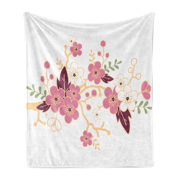 Almond Blossom Soft Flannel Fleece Throw Blanket, Simplistic Composition of Flowers Spring Season Elements Japanese Garden, Cozy Plush for Indoor and Outdoor Use, 60" x 80", Multicolor, by Ambesonne