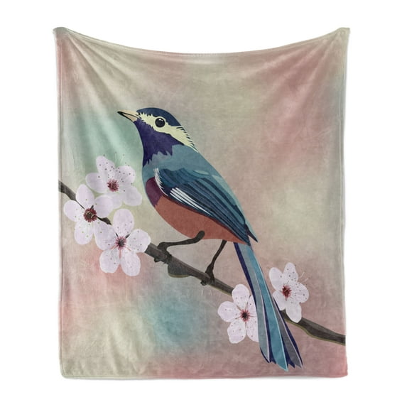 Almond Blossom Soft Flannel Fleece Throw Blanket, Sparrow Perching on a Japanese Sakura Tree Branch with Blurred Background, Cozy Plush for Indoor and Outdoor Use, 60" x 80", Multicolor, by Ambesonne