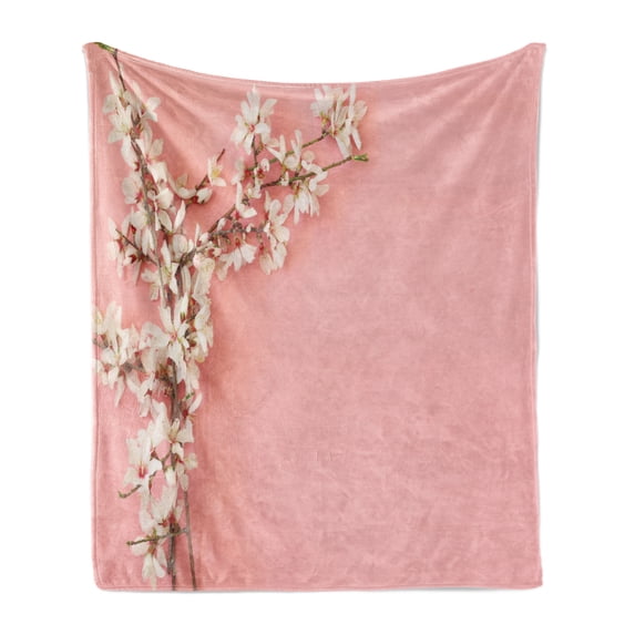 Almond Blossom Soft Flannel Fleece Throw Blanket, Spring Cherry Blossom Tree on Pink Background Pastel Japanese Design, Cozy Plush for Indoor and Outdoor Use, 50" x 60", Cream Pale Pink, by Ambesonne