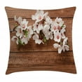 thumbnail image 1 of Almond Blossom Throw Pillow Cushion Cover, Wooden Background with Flower Bloom Spring Nature Corsage Rustic, Decorative Square Accent Pillow Case, 16" X 16", Green White and Brown, by Ambesonne, 1 of 2