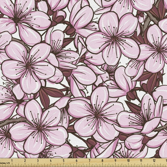 Ambesonne Almond Blossom Fabric by the Yard Upholstery, Cherry Flowers Japan, 5 Yards, Dried Rose Pale Pink