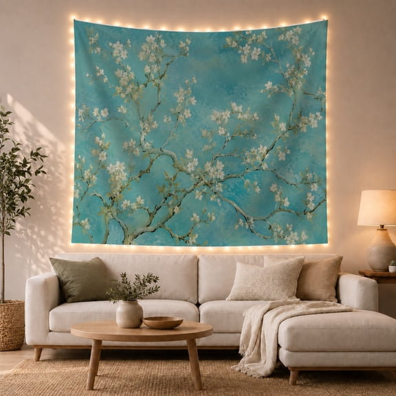 Almond Blossoms on Gnarled Branches Against Teal, Serene Illustration for Flower Lovers, Floral Wall Art, Housewarming Gift, Tapestry Wall Hanging for Bedroom and Living Room