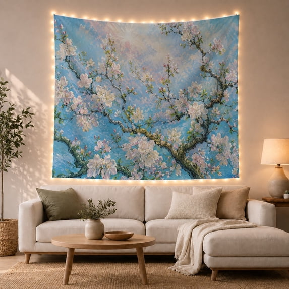 Almond Blossoms on Sunlit Layered Blue Sky, Serene Illustration for Art Lovers, Botanical Wall Art, Housewarming Gift, Tapestry Wall Hanging for Studio and Living Room