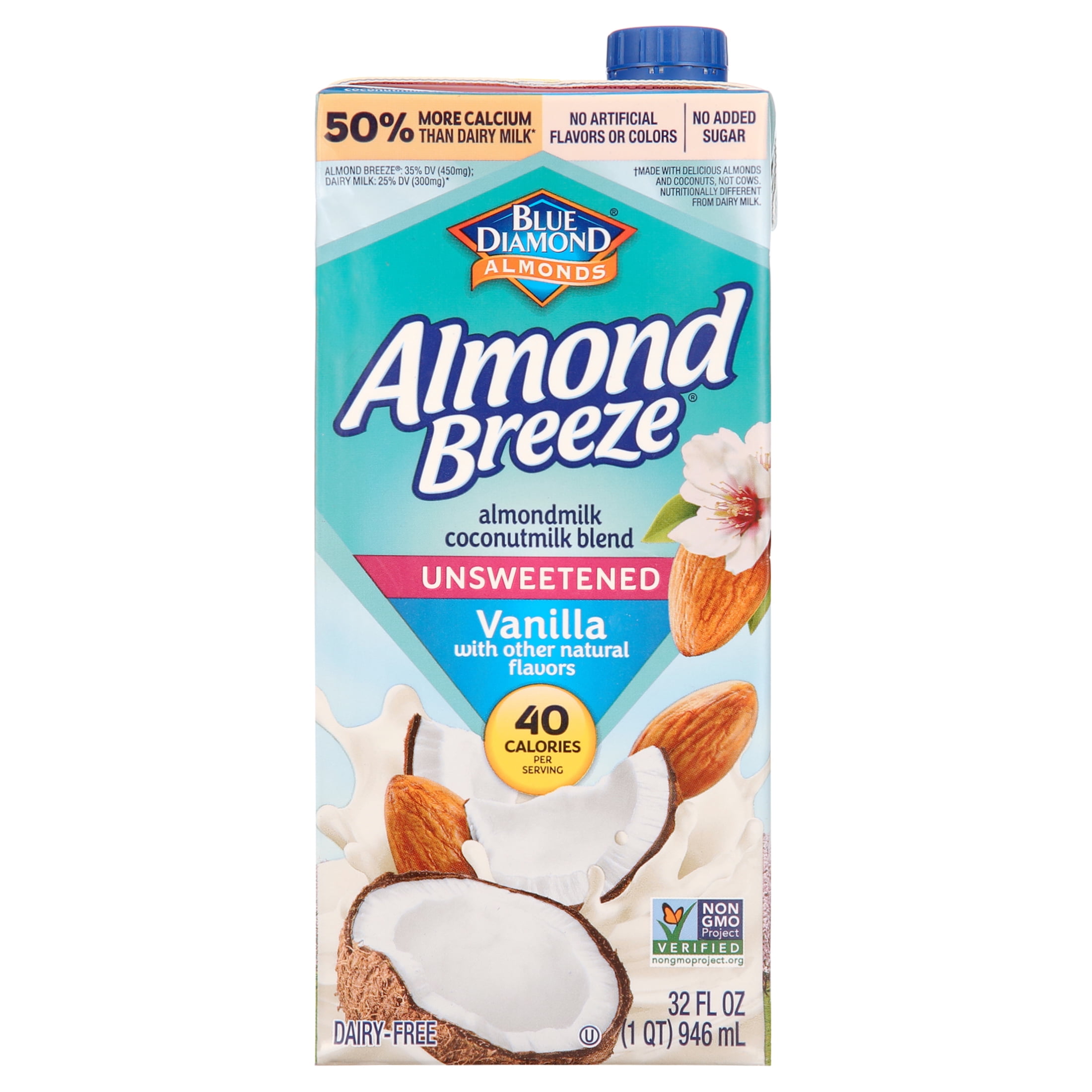 Almond Breeze Unsweetened Coconut Vanilla Almondmilk, Non GMO, 32 oz, Shelf Stable Cardboard Carton
