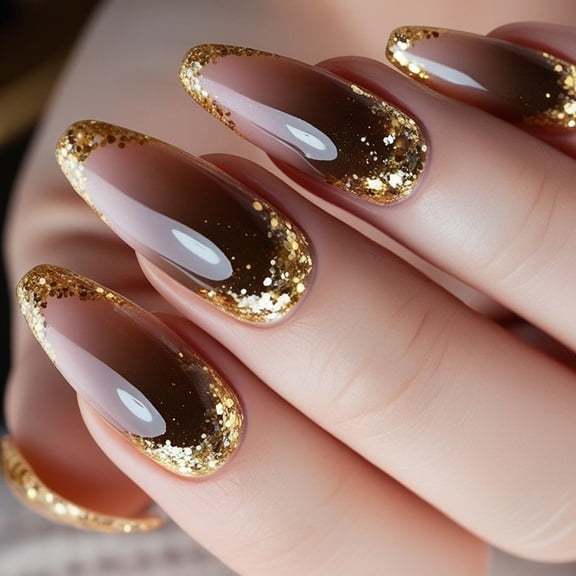 Almond Fake Nails Sequins Glues On Nails Artificial Acrylic Nails 24pcs On Nails for Women Girls