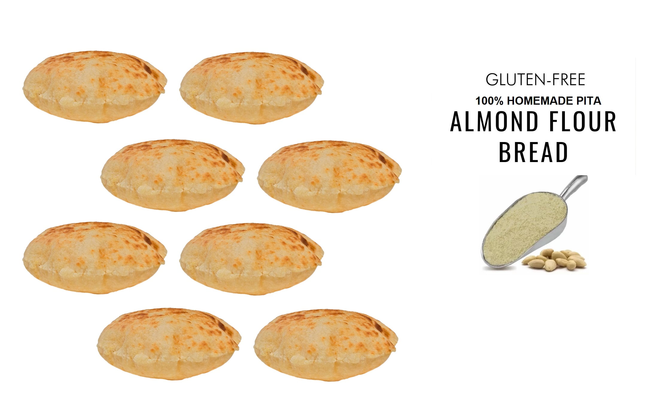 Almond Flour Pita Bread, Homemade 100% Blanched Almond Halal, Baked, 8 Count, 6 Inch