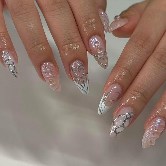 Almond French Tip Press on Nails Medium Nude Pink Fake Nails with Silver Line Heart Designs Glossy Y2K False Nails 3D Designs Glue on Nails White Tip Artificial Stick on Nails for Women Girls 24Pcs