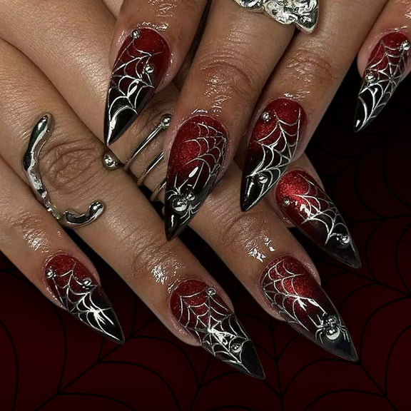 Almond French Tips Fake Nails Acrylic Nails with Spiders Designs on Nails for Women Halloween