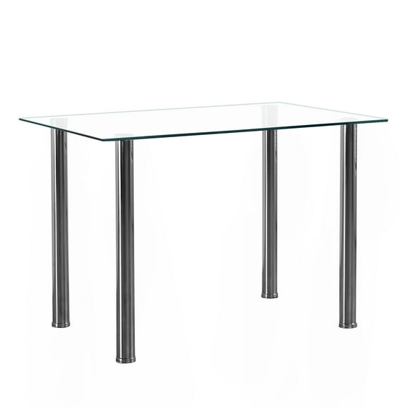 4-Seat Tempered Glass Dining Table - Rectangular, Cylindrical Stainless Steel Legs, 110x70x73.5cm, Easy Maintenance