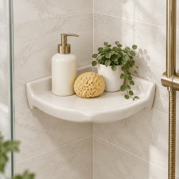 Almond Glazed Ceramic Large Corner Shower Shelf, Fits Tile Installed Bathrooms