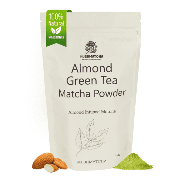 MushMatcha Powdered Matcha Tea Almond Flavor Half Caffeine Gluten-Free Ceremonial-Grade 1 Pack