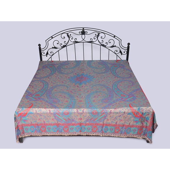 Almond-Milk Reversible Jamawar Queen Size Bedspread with Woven Paisleys