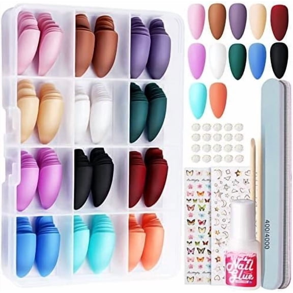 Almond Press  Nails, 12 Color 288 count Matte Glue  Nails Almond Shape Press  Nails Medium Length  Nails