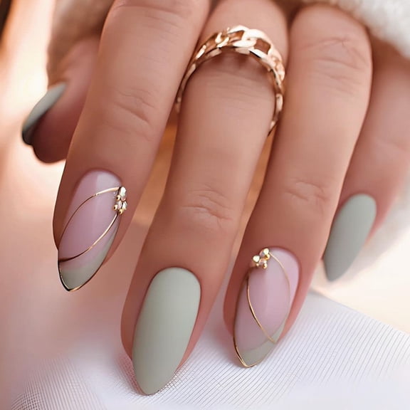 Almond Press On Nails, Dark Green Leaf Gold Line Design Fake Nails, 24pcs Reusable Glossy False Nail Kit with Jelly Tabs Nail File, Buy 2 Get 1 Free Handmade Gloss Stick on Nails for Daily