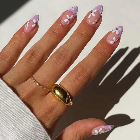 Almond Press on Nails Medium French Light Purple Acrylic Fake Press Ons Nails with Flower Design Glue on Glossy Full Cover Artificial False Stick on Nail for Girls Women Daily Wear 24PCS French Light